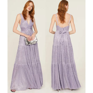 Sabina Musayev Pacific Metallic Shimmer Tiered V-Neck Chiffon Maxi Gown Purple S